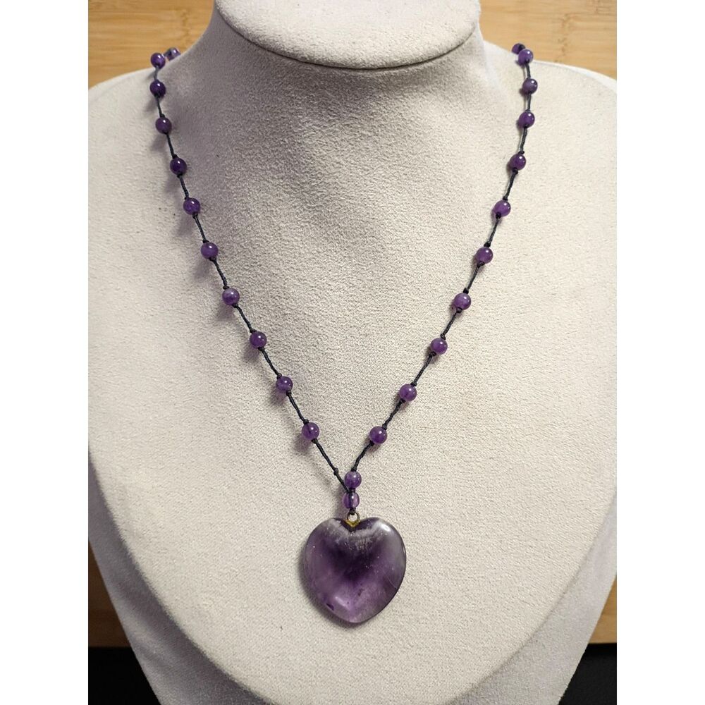 Vintage Lovely Amethyst Heart and Bead Necklace semi precious Gemstone Peaceful